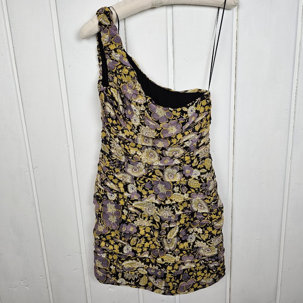 Zara Small Metallic Gold Purple Floral Chiffon One Shoulder Ruched Mini Dress - Picture 8 of 10